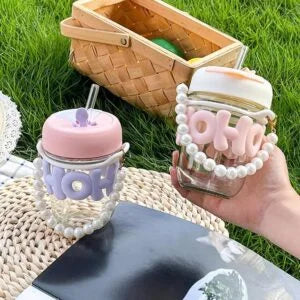Aesthetic Pearl Glass Mug with Straw – 350ml Portable Sipper
