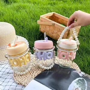 Aesthetic Pearl Glass Mug with Straw – 350ml Portable Sipper