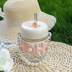 Aesthetic Pearl Glass Mug with Straw – 350ml Portable Sipper