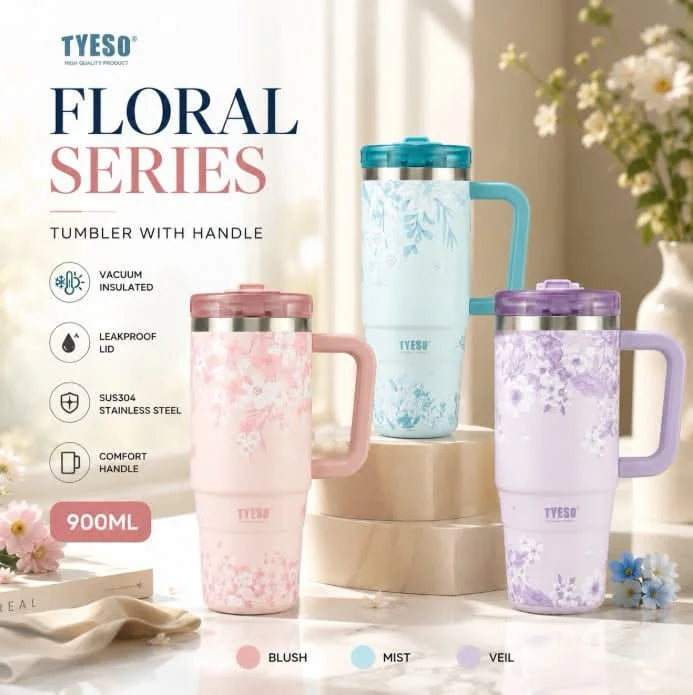 Home DRINKWARE Trendy Tumblers Tyeso Floral Series Insulated Tumbler with Handle (900ml) – Premium Stainless Steel Travel Mug with Leakproof Lid